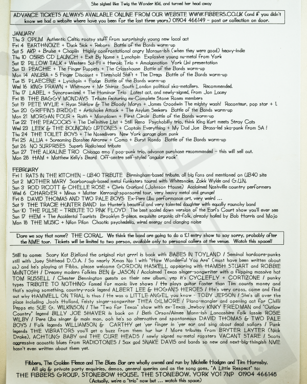 2002 January, February 'She sighed like Twig The Wonder Kid, and turned her head away' listings