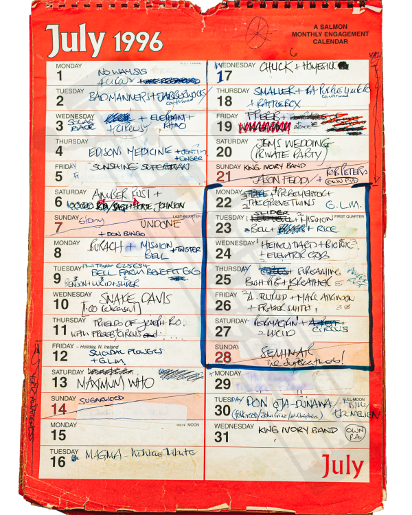 1996 July hand-written office wall calendar