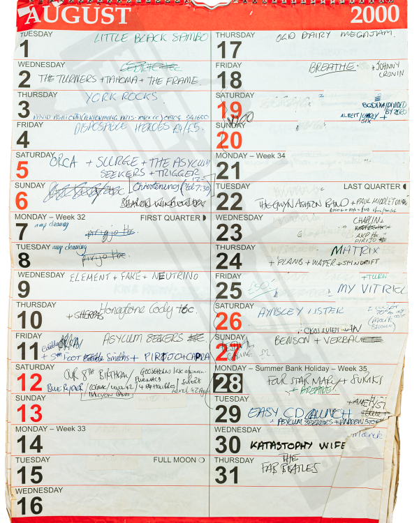 2000 August hand-written office wall calendar