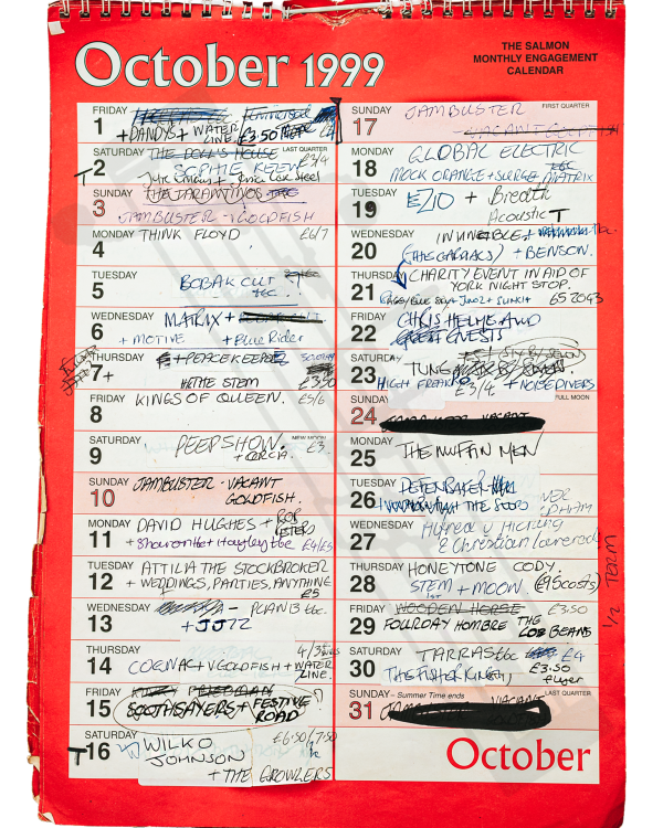 1999 October hand-written office wall calendar