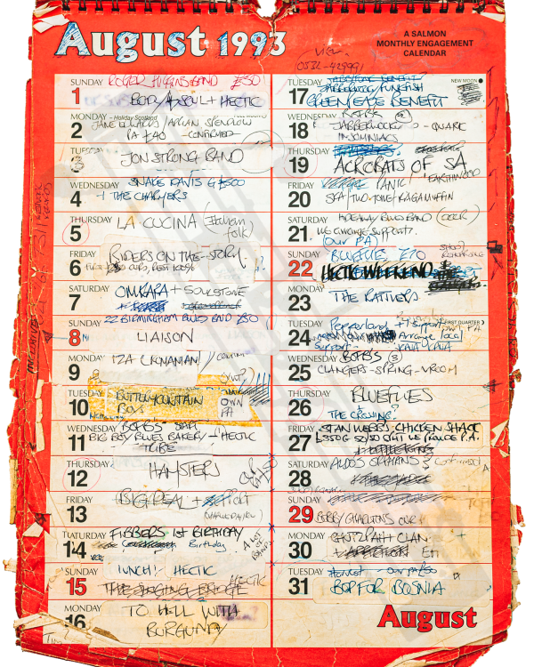 1993 August hand-written office wall calendar