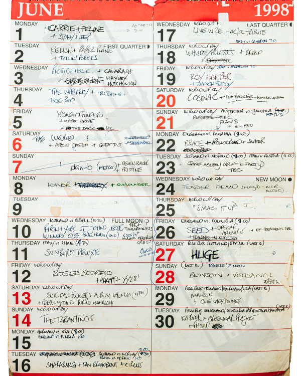 1998 June hand-written office wall calendar