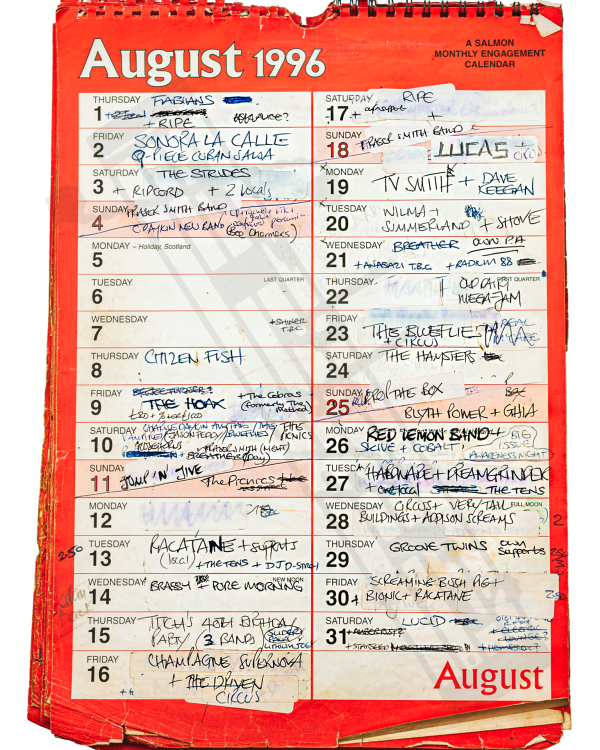 1996 August hand-written office wall calendar