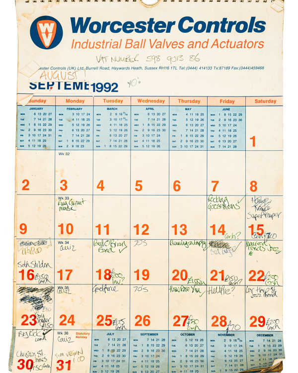 1992 August hand-written office wall calendar