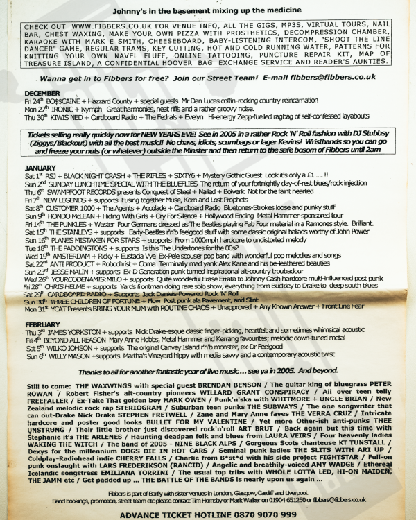 2005 December, 2006 January, February 'Johnny's in the basement mixing up the medicine' listings