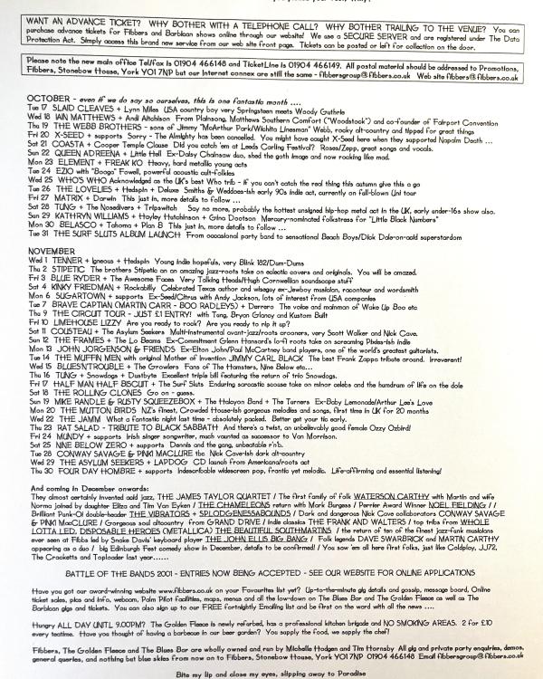 2000 October/November 'When's The Last Time You Picked Your Feet, Willy?' listings