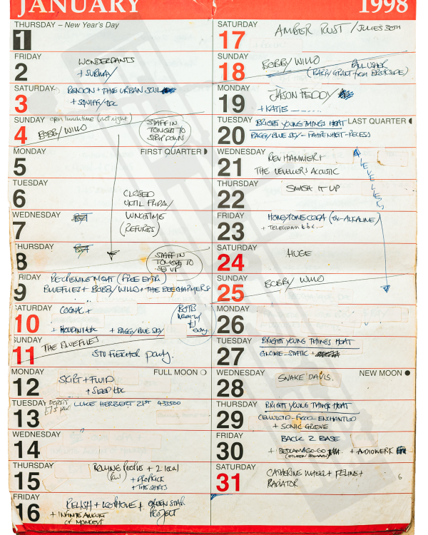 1998 January hand-written office wall calendar