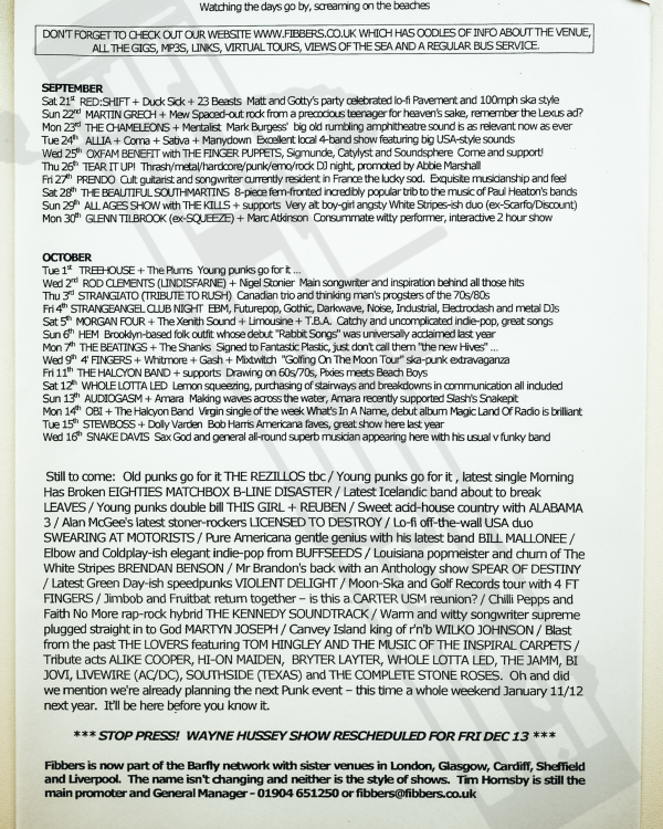 2002 September, October 'Watching the days go by, screaming on the beaches' listings