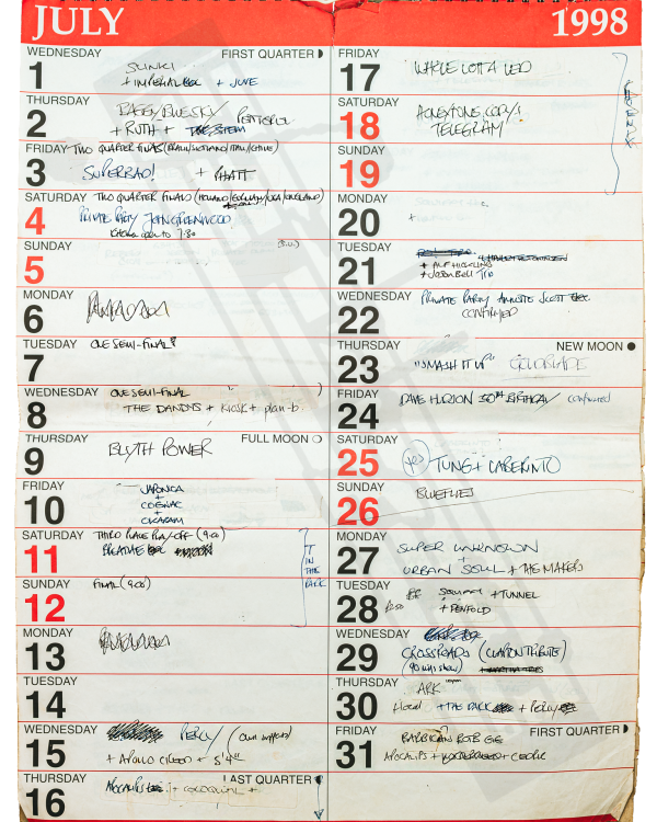 1998 July hand-written office wall calendar