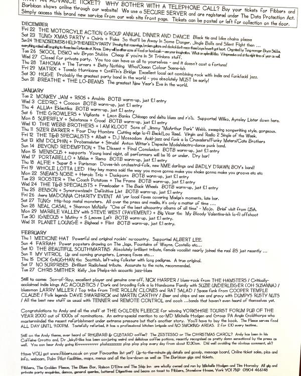 2001 January/February 'I Wanna Be Pulling The Eyes Off Baby Sand Crabs Again' listings