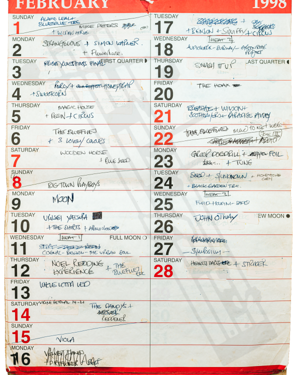 1998 February hand-written office wall calendar
