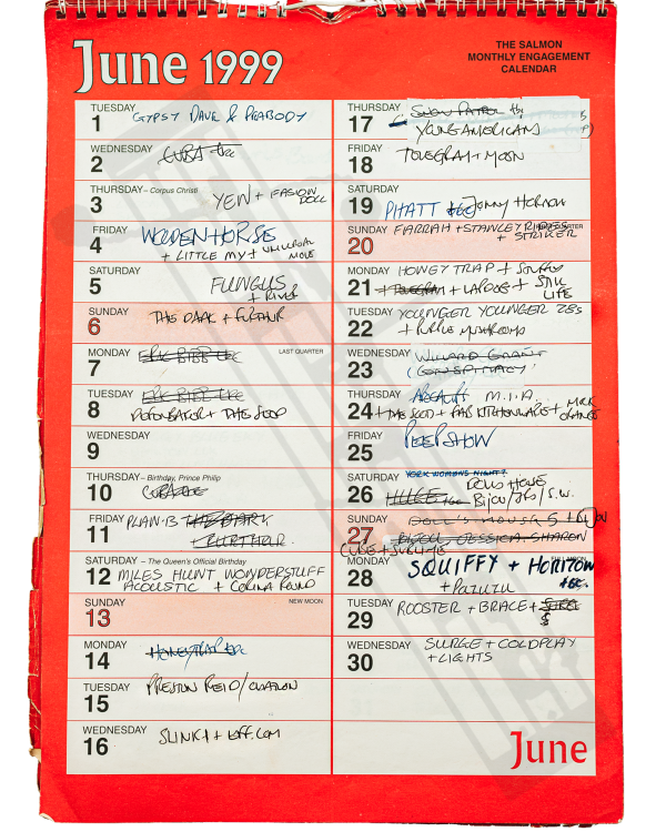 1999 July hand-written office wall calendar