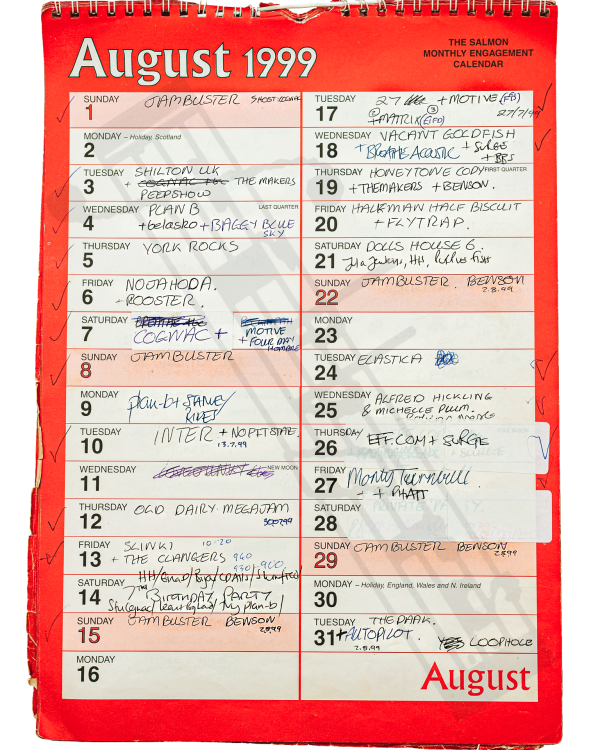 1999 August hand-written office wall calendar