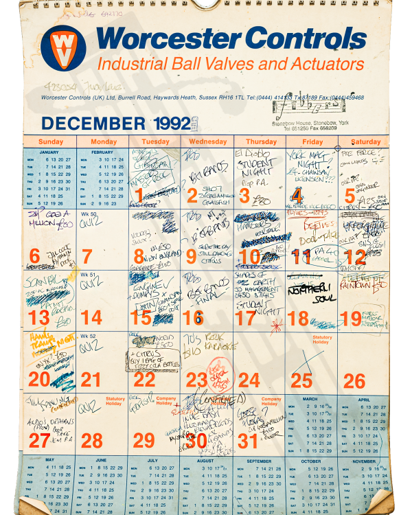 1992 December hand-written office wall calendar