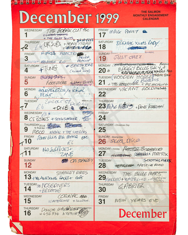 1999 December hand-written office wall calendar