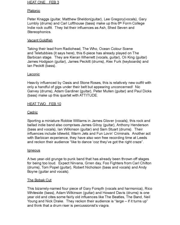 1999 Battle of the Bands press with The Bobak Cut, Igneous, Cedric, Laconic, Vacant Goldfish, Platonic