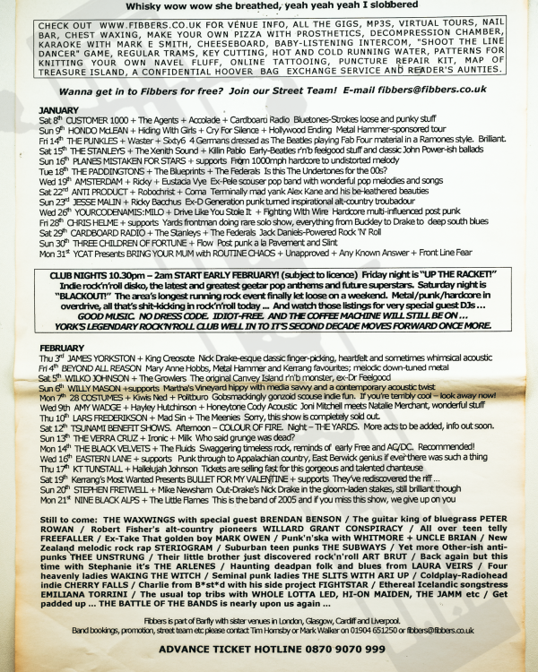 2005 January, February 'Whisky wow wow she breathed, yeah yeah yeah I slobbered' listings