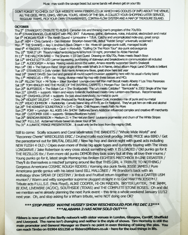 2002 October 'Music may sooth the savage beast but some bands will always get on your tits' listings - Part 2