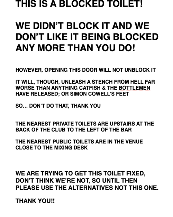 2016 Green room toilet sign; pointless as it happens...