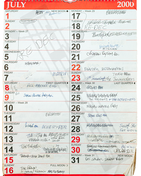 2000 July hand-written office wall calendar