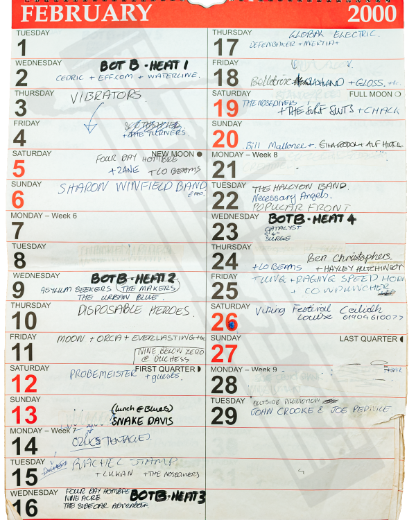 2000 February hand-written office wall calendar