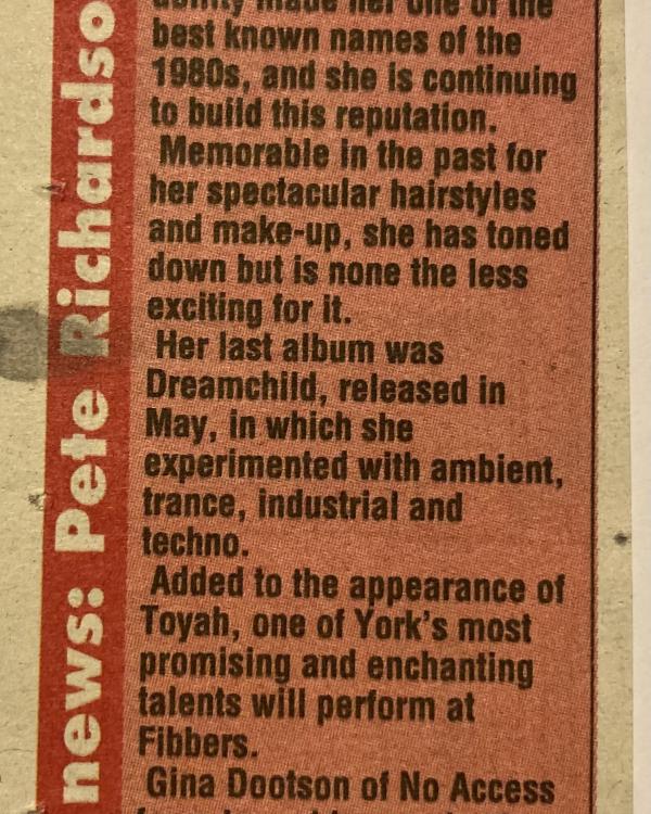 1994 Toyah, Gina Dootson review