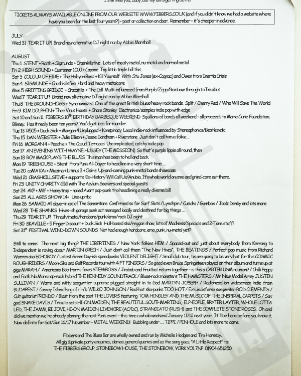 2001 July, August 'I still miss you baby, but my aim's getting better' listings