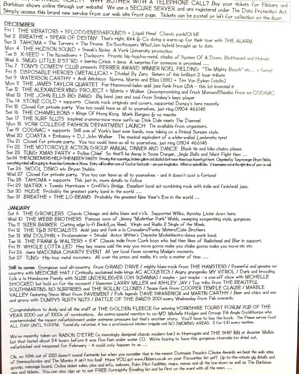 2000/1 December/January 'For You See, We're The Guys, We're The Guys Of The 70th Parallel' listings