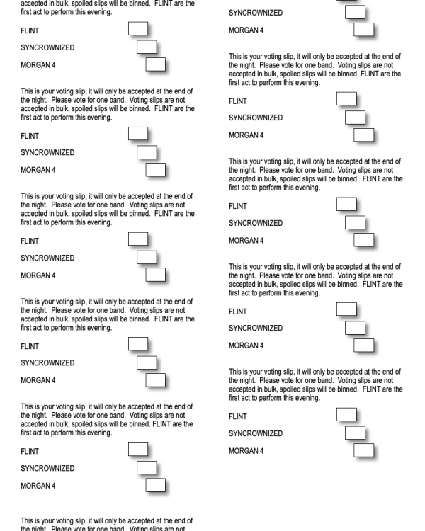 2002 Battle of the Bands voting slip for Syncrownized, Flint, Morgan Four