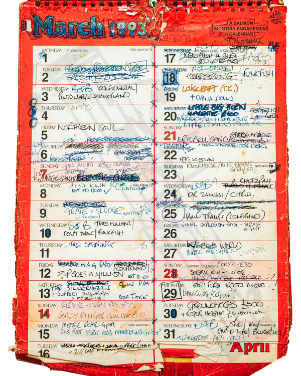 1993 March hand-written office wall calendar