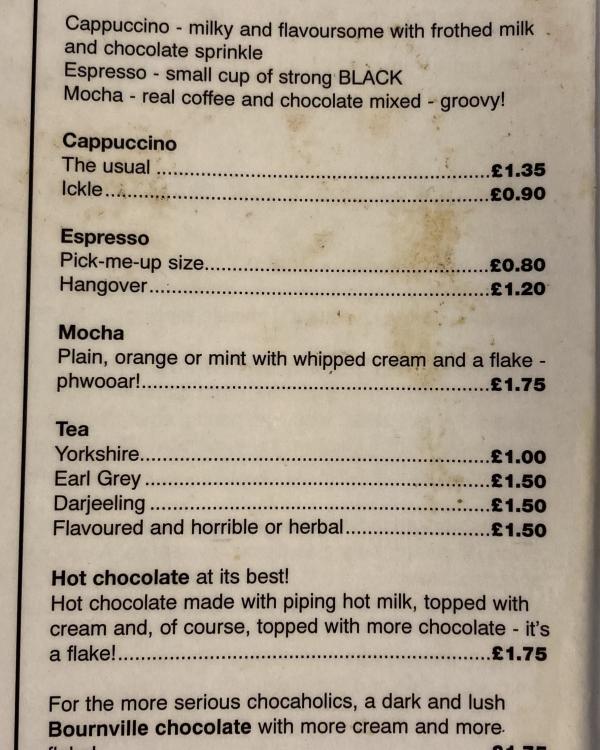 1995 Hot drinks menu