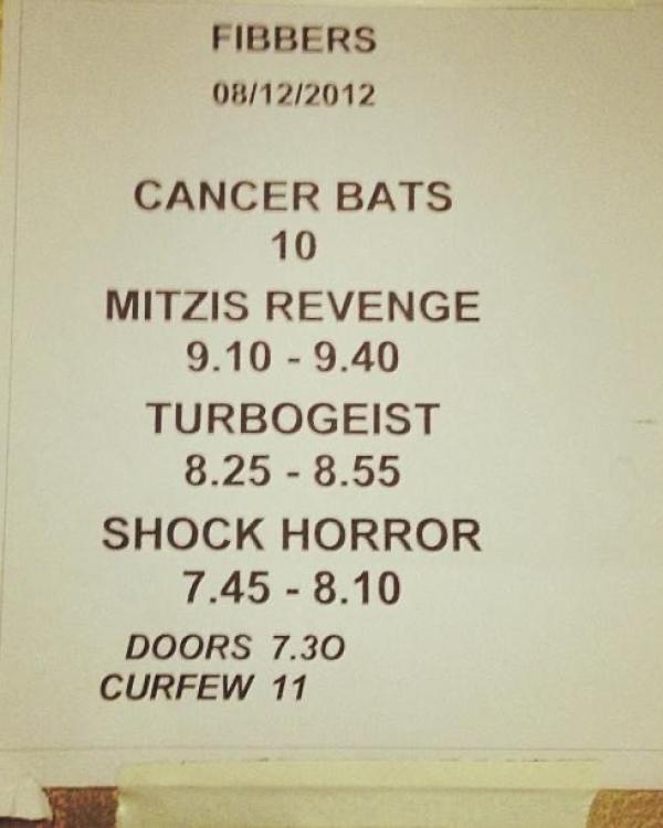 2012 Cancer Bats, Mitzi's Revenge, Turbogeist, Shock Horror timings