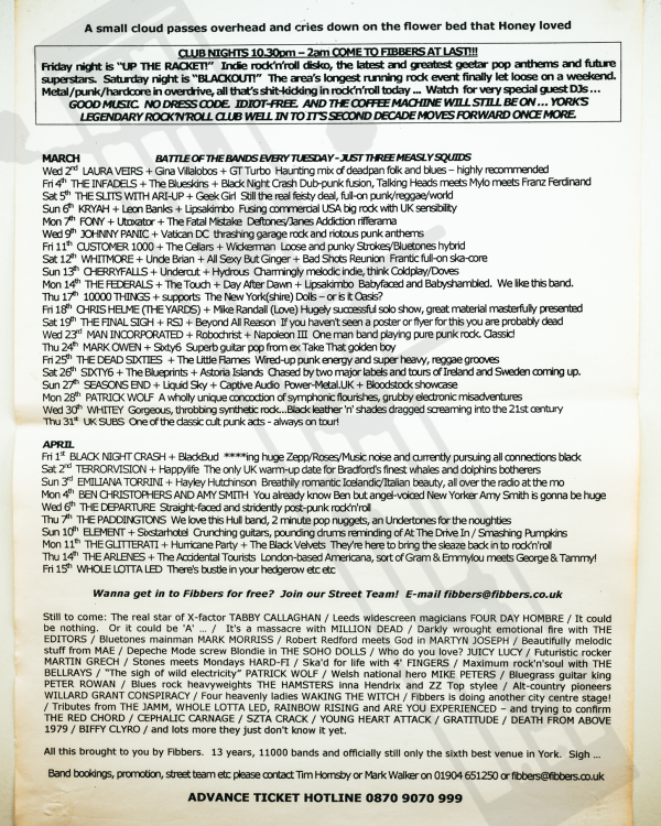 2005 March, April 'A small cloud passes overhead and cries down on the flower bed that Honey loved' listings