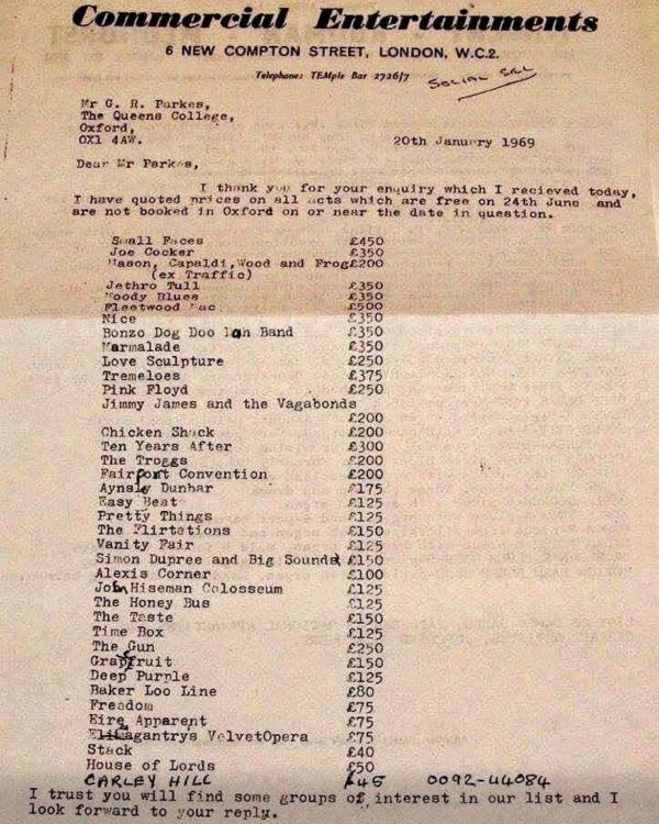 1969 Band price list