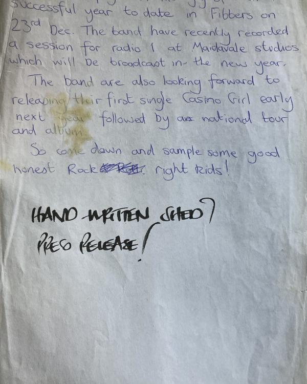 1993 Shed Seven hand-written press release