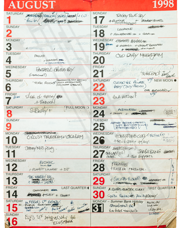 1998 August hand-written office wall calendar